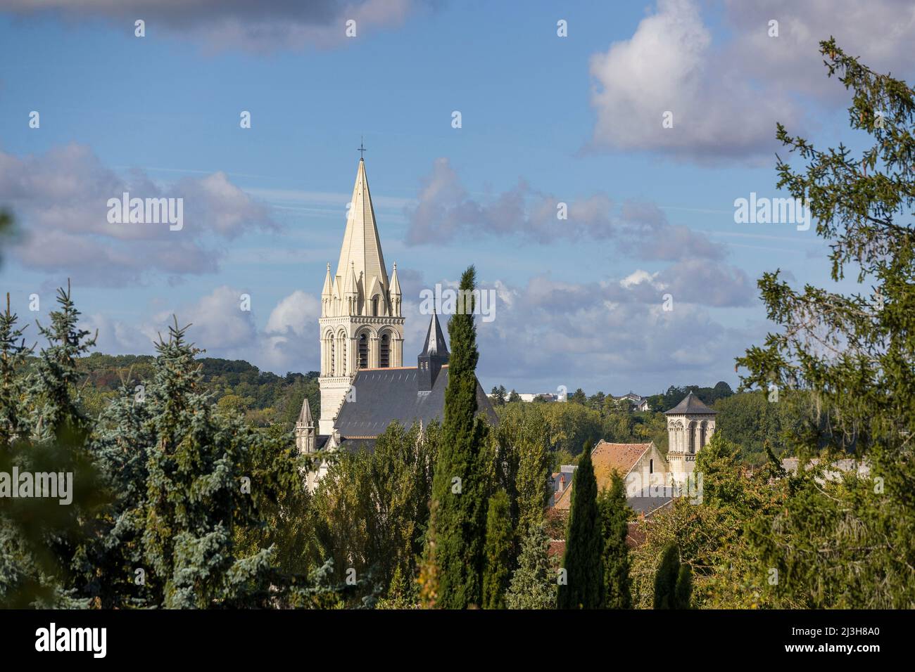 France, Indre et Loire, Loire valley listed as World Heritage by UNESCO, Beaulieu-les-Loches, the spire of the Grand Clocher of the abbey church, which is over 1000 years old, rises to 64 meters and was completely rebuilt in 2016-2017 Stock Photo