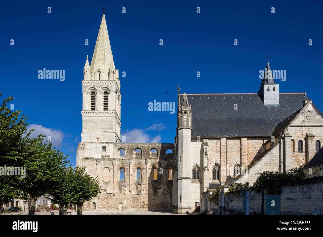 France, Indre et Loire, Loire valley listed as World Heritage by UNESCO, Beaulieu-les-Loches, the spire of the Grand Clocher of the abbey church, which is over 1000 years old, rises to 64 meters and was completely rebuilt in 2016-2017 Stock Photo
