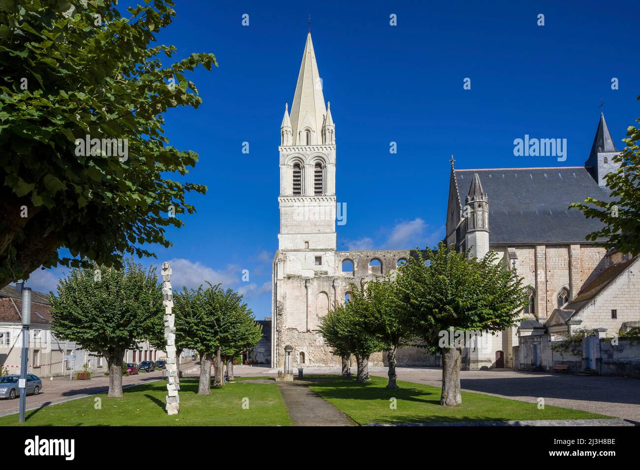 France, Indre et Loire, Loire valley listed as World Heritage by UNESCO, Beaulieu-les-Loches, the spire of the Grand Clocher of the abbey church, which is over 1000 years old, rises to 64 meters and was completely rebuilt in 2016-2017 Stock Photo