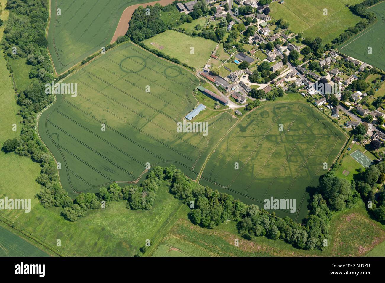 A possible Prehistoric or Roman settlement and probable Bronze Age round barrows in Marston Meysey, Wiltshire, 2015. Stock Photo