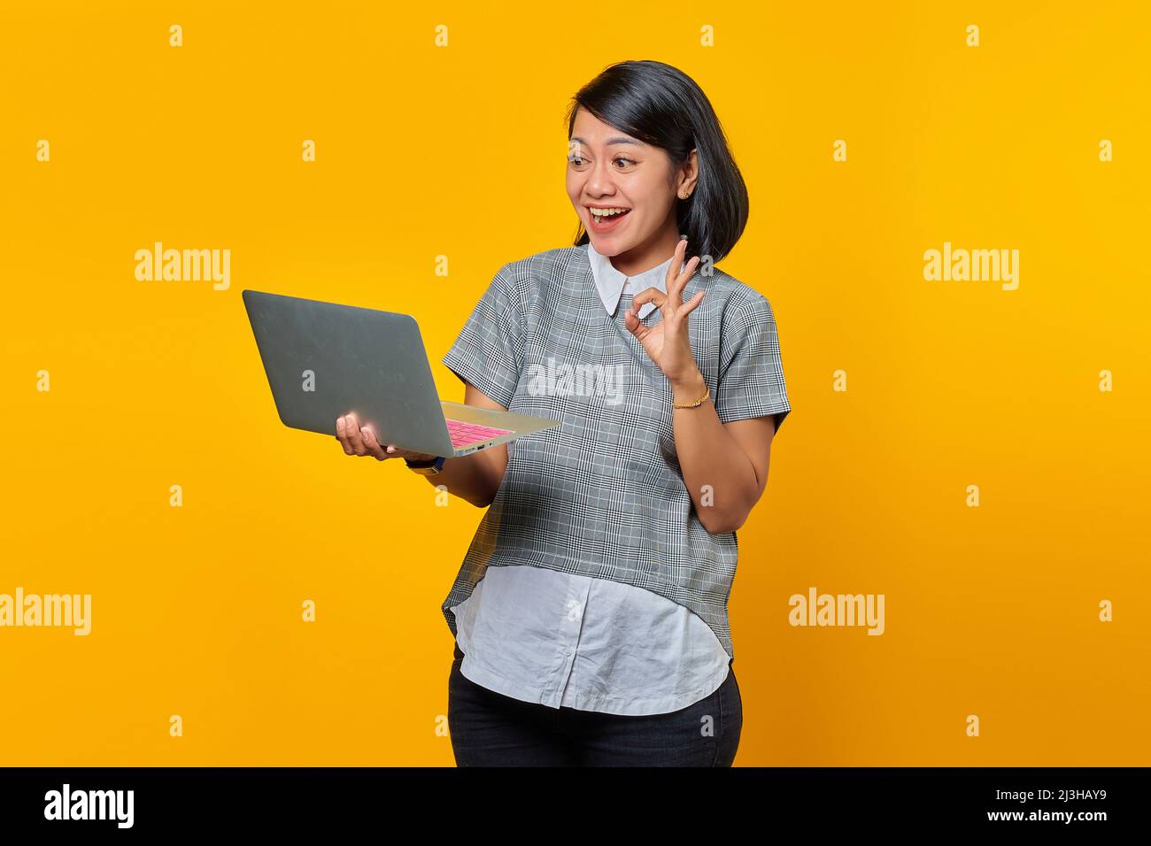 Portrait of smiling young asian woman showing okay sign and holding ...
