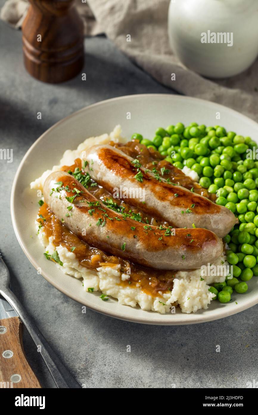 Homemade British Bangers and Mash with Onion Gravy Stock Photo Alamy