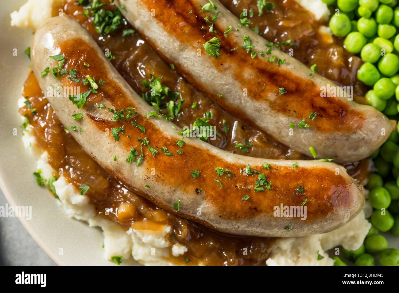 Homemade British Bangers and Mash with Onion Gravy Stock Photo Alamy