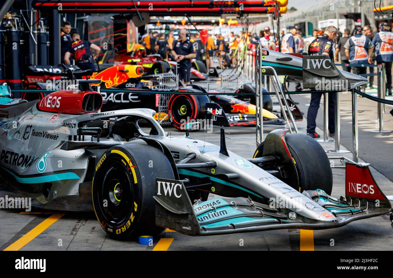 Melbourne, Australia. 08th Apr, 2022. The cars of Mercedes, Red Bull and  Ferrari on display before FP1 at the Australian Formula One Grand Prix at  the Albert Park Grand Prix circuit on