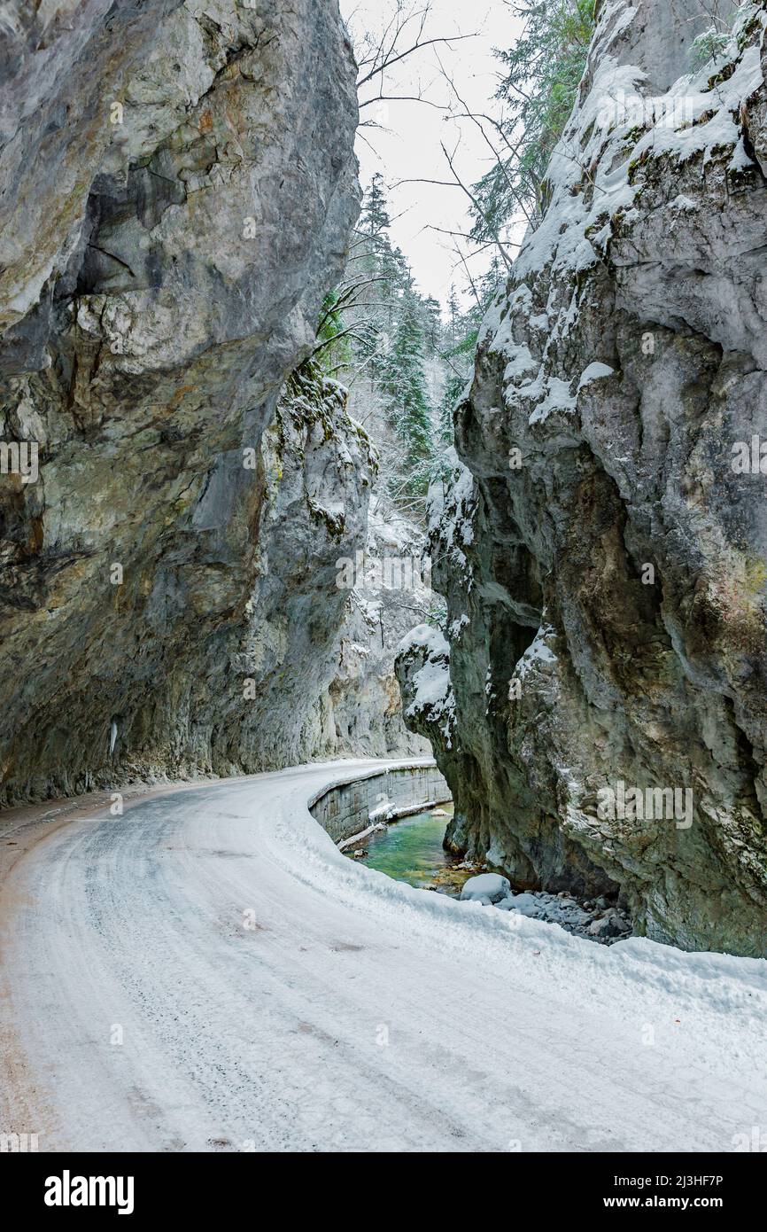 Snow covered mountain road through a gorge in the Rhodope Mountains in Bulgaria Stock Photo