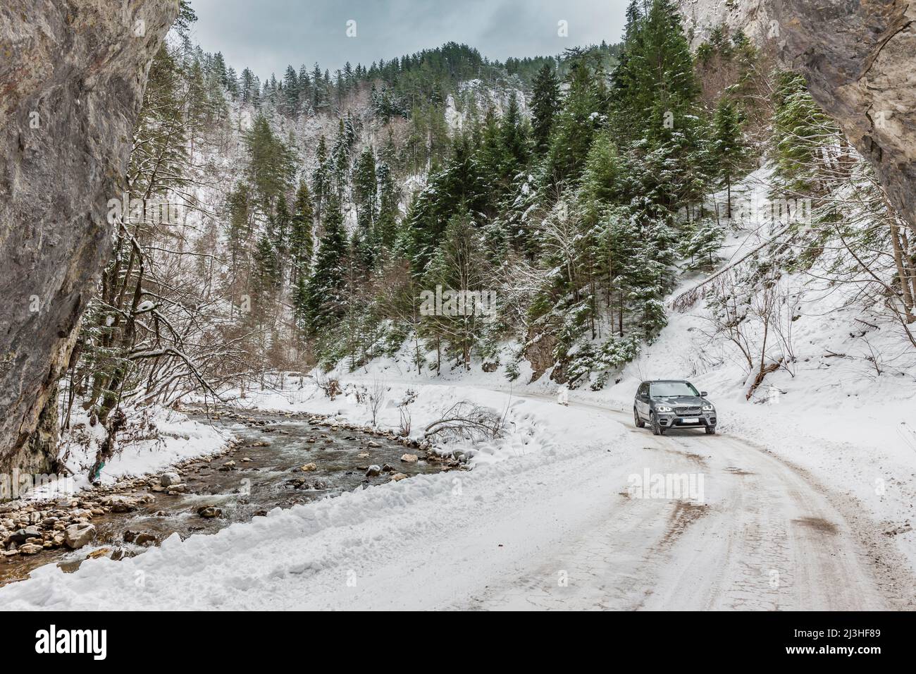 Snow covered mountain road in Rhodope Mountains in Bulgaria Stock Photo