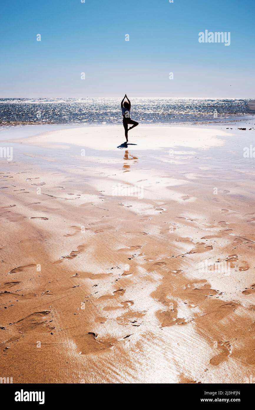 Ocean, beach, woman, yoga, pose, silhouette, Stock Photo