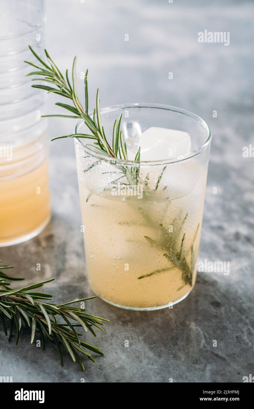 Homemade fermented ginger beer with lemon in a glass with ice cupes Stock Photo