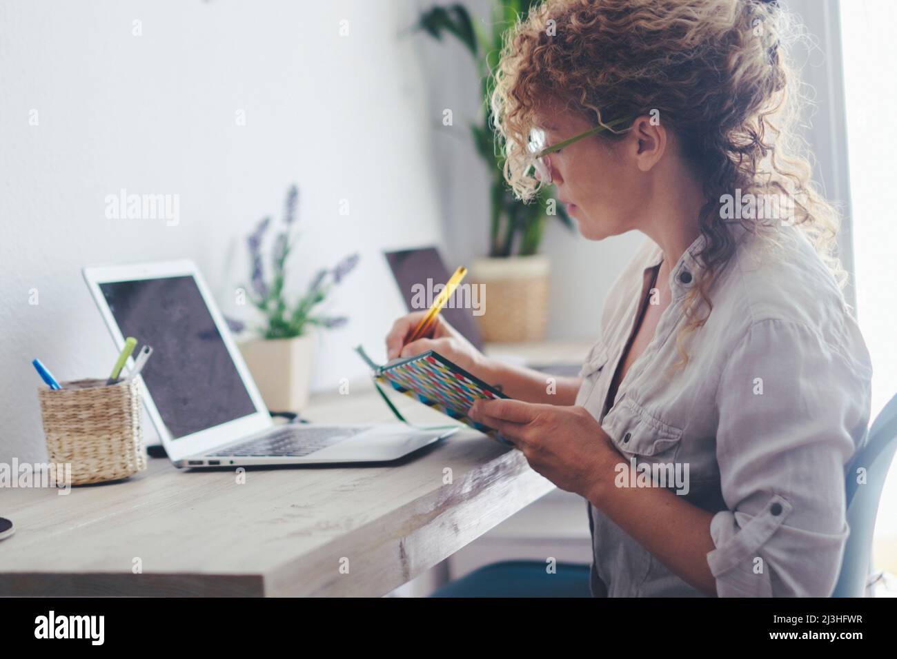 Woman with laptop and notebook at desk Stock Photo