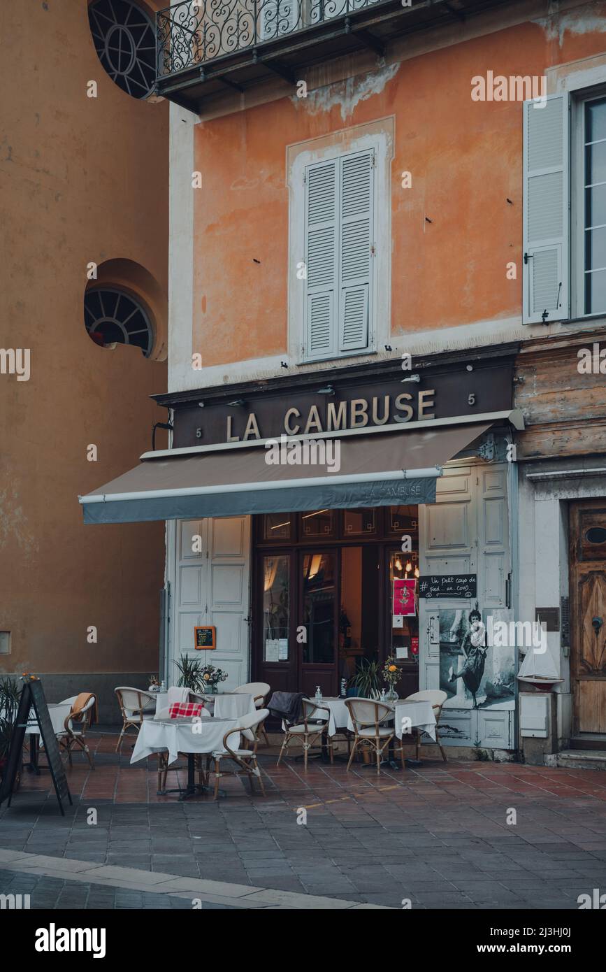 Nice, France - March 10, 2022: Exterior of La Cambuse restaurant on Cours Saleya, a street in the Old Town of Nice known for its daily open air market Stock Photo