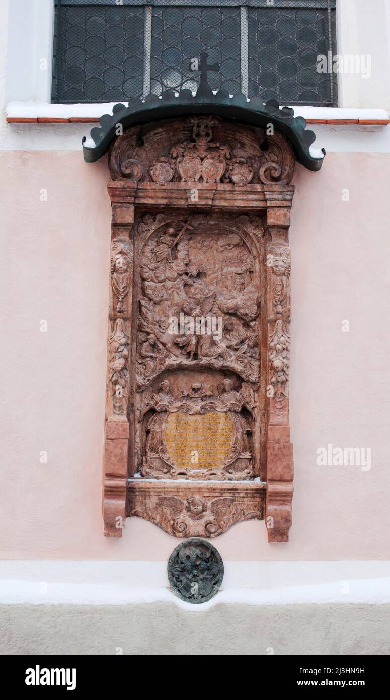 Wall relief from 1644, Olivet scene donated by the burgher Andreas Bader in honor and memory of his three wives, parish church in Mittenwald Stock Photo