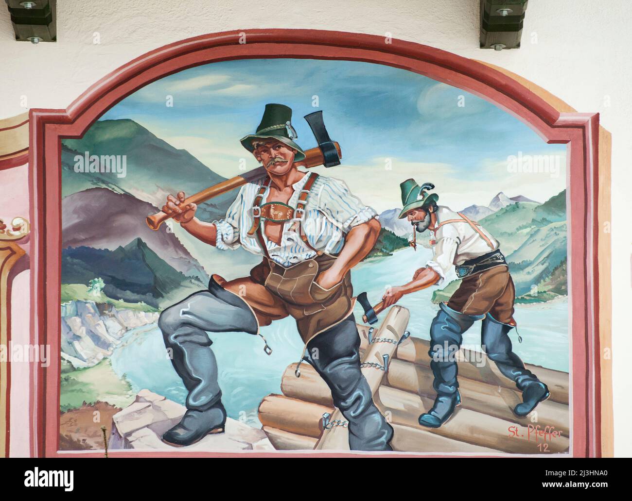 Wood rafter scene on a Lüftl painting on house facade in Mittenwald ...
