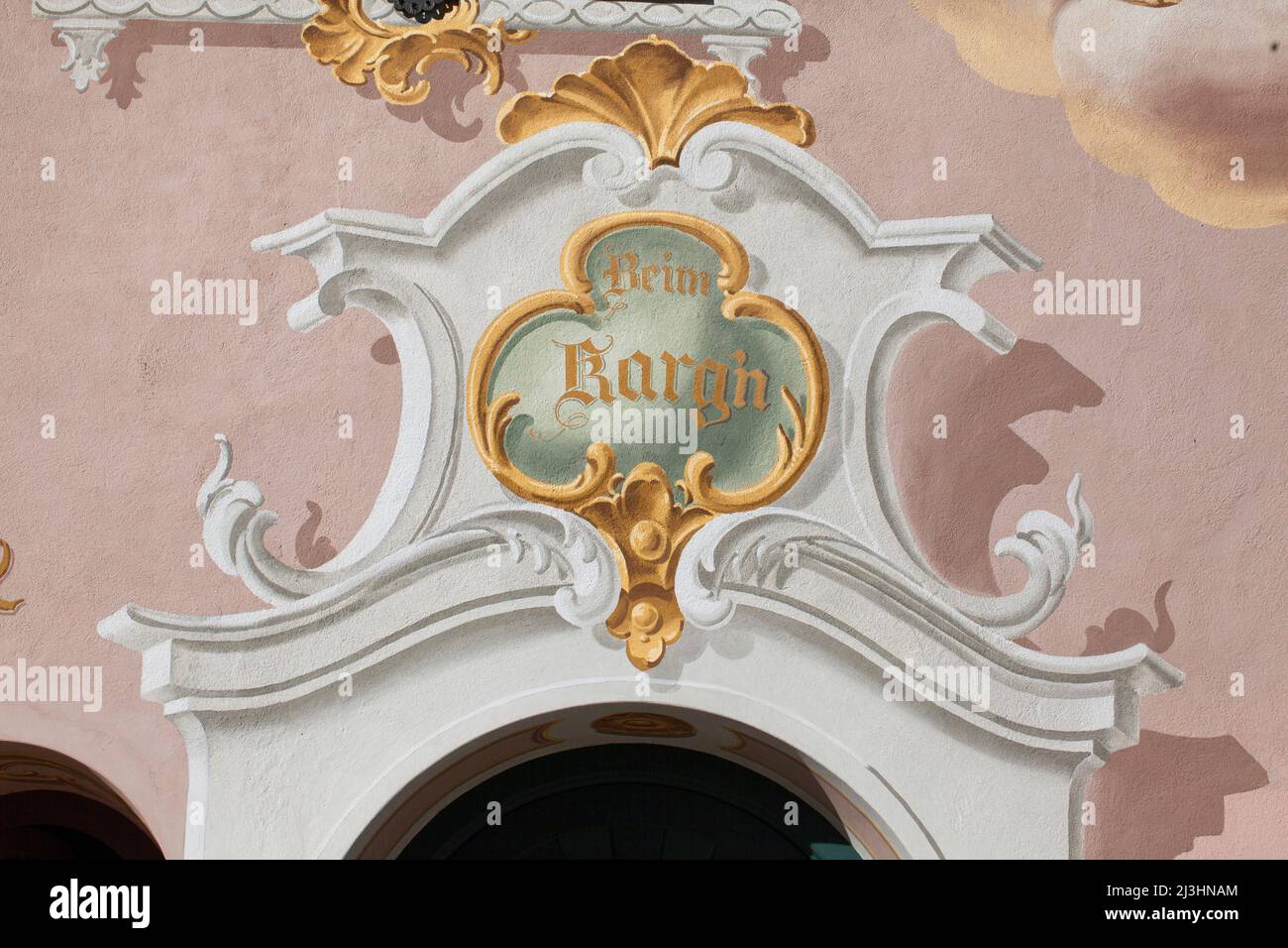 House name 'beim Karg'n', synonym for sparse, unadorned, poor in Mittenwald, Upper Bavaria Stock Photo