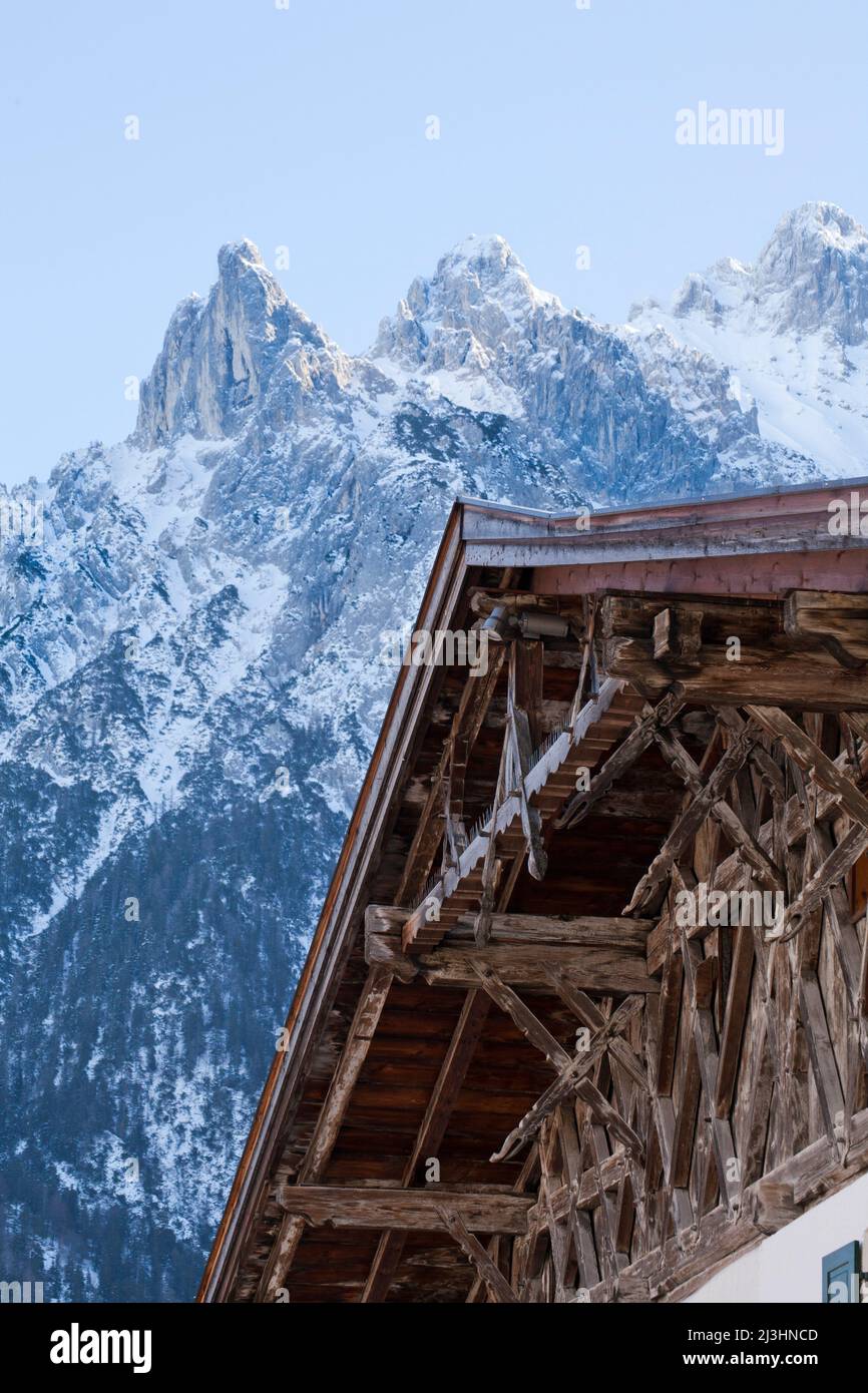 artful old wooden construction shows this roof gable in Mittenwald, Upper Bavaria Stock Photo