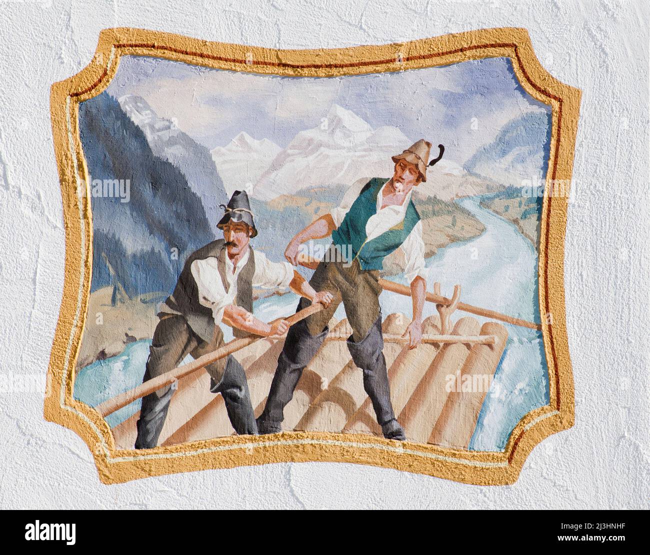 Lüftlmalerei (traditional painting) in Mittenwald, Upper Bavaria, rafting and trift (from 'treiben' in the sense of 'to float') mean transportation of floating logs. Stock Photo