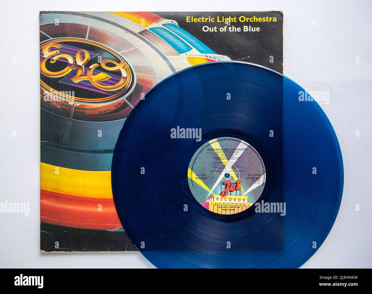 LP cover and vinyl of Out of the Blue, the seventh studio album by the Electric Light Orchestra, which was released in 1977 Stock Photo - Alamy