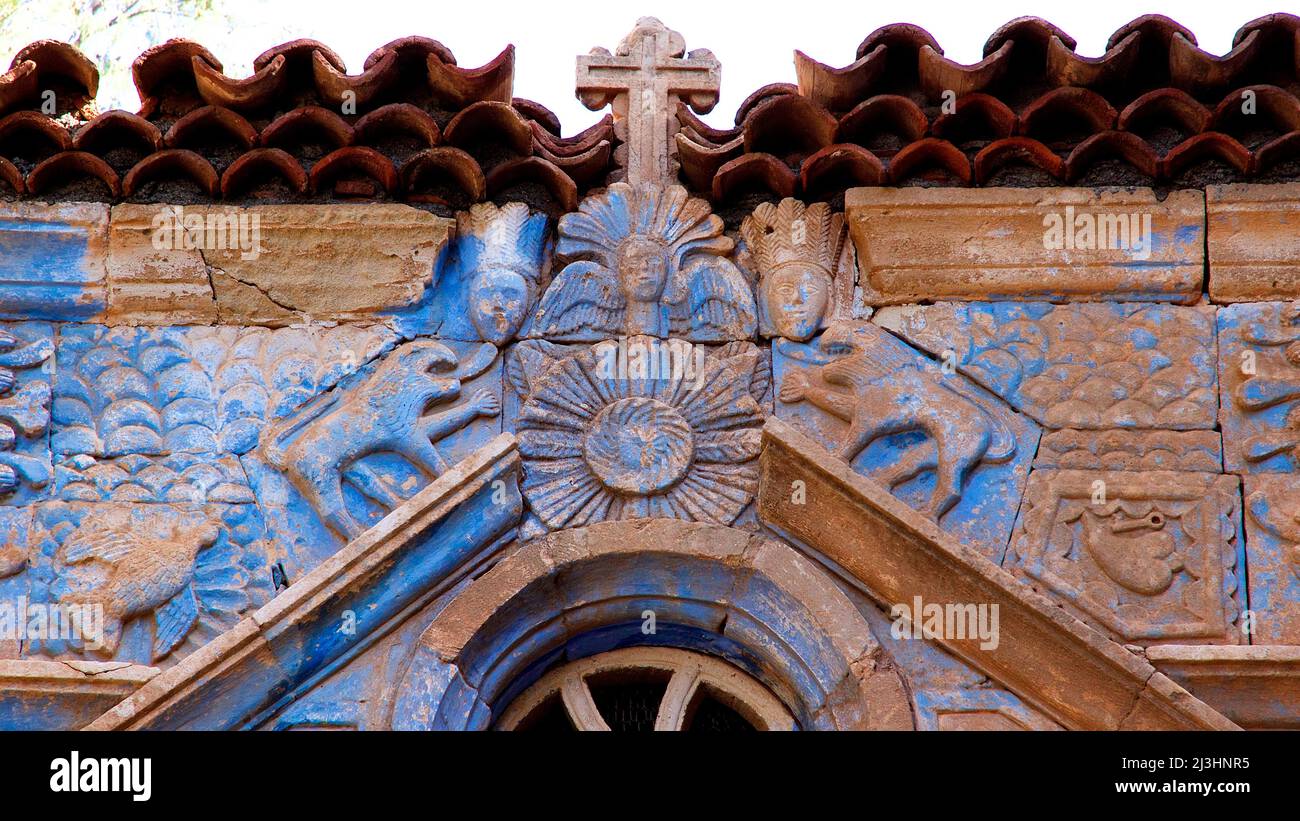 Spain, Canary Islands, Fuerteventura, Pajara, church portal, Iglesia de Nuestra Señora de Regla, Aztec relief Stock Photo