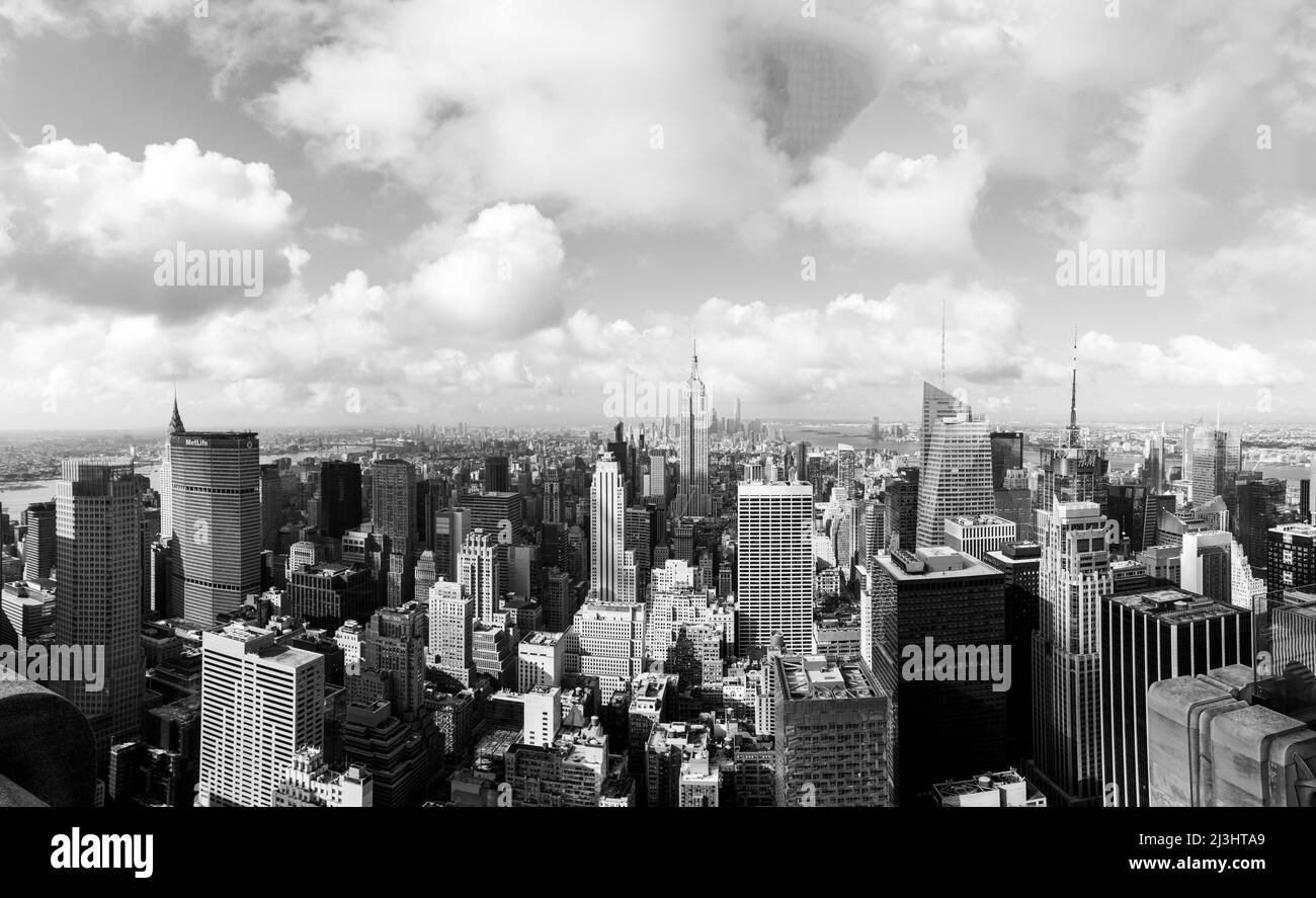 Midtown West, New York City, NY, USA, Drone shot / Aerial taken next to the Rockefeller Center with a panoramic view of Manhattan Stock Photo
