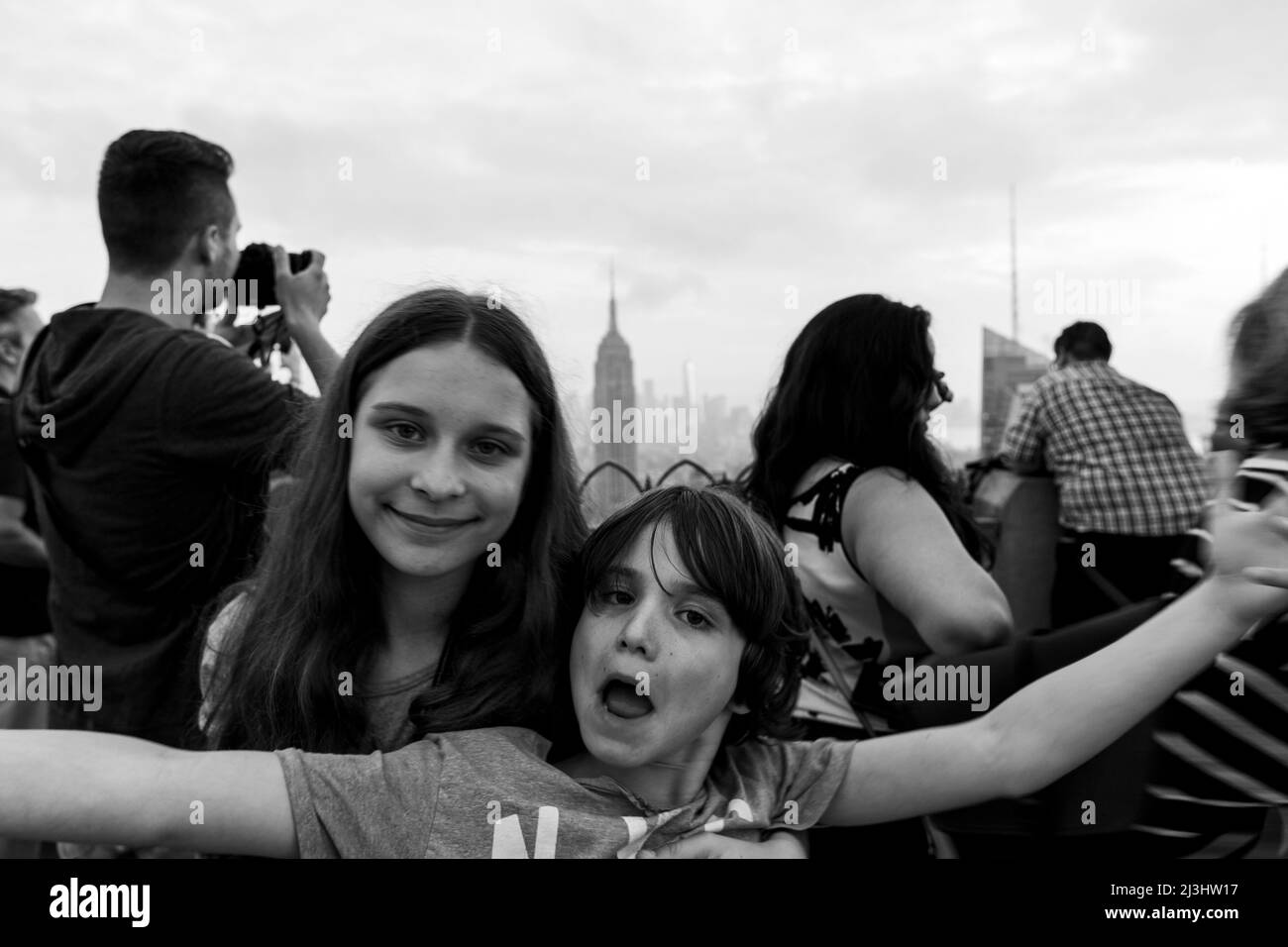 Midtown West, New York City, NY, USA, young boy and girl having fun at top of the rocks - the viewing platform on rockefeller building Stock Photo