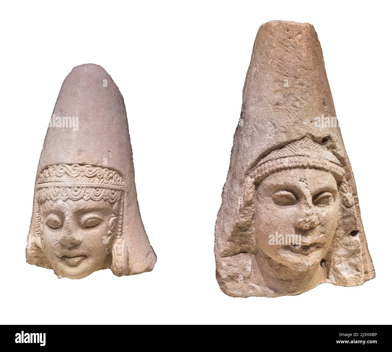 Carved limestone,  female heads from the 2nd, 3rd, century BC, Iberian Culture. From the shrine of Cerro do los Santos at Monteallegre del Castillo, A Stock Photo