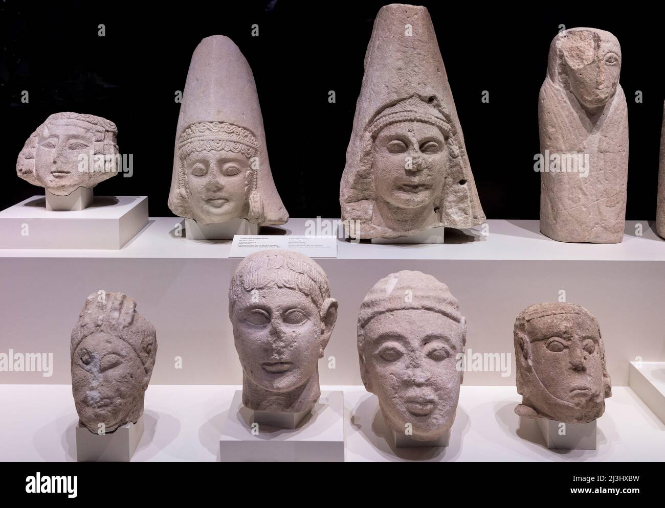 Carved limestone,  male and female heads from the 1st and 2nd, century BC, Iberian Culture. From the shrine of Cerro do los Santos at Monteallegre del Stock Photo