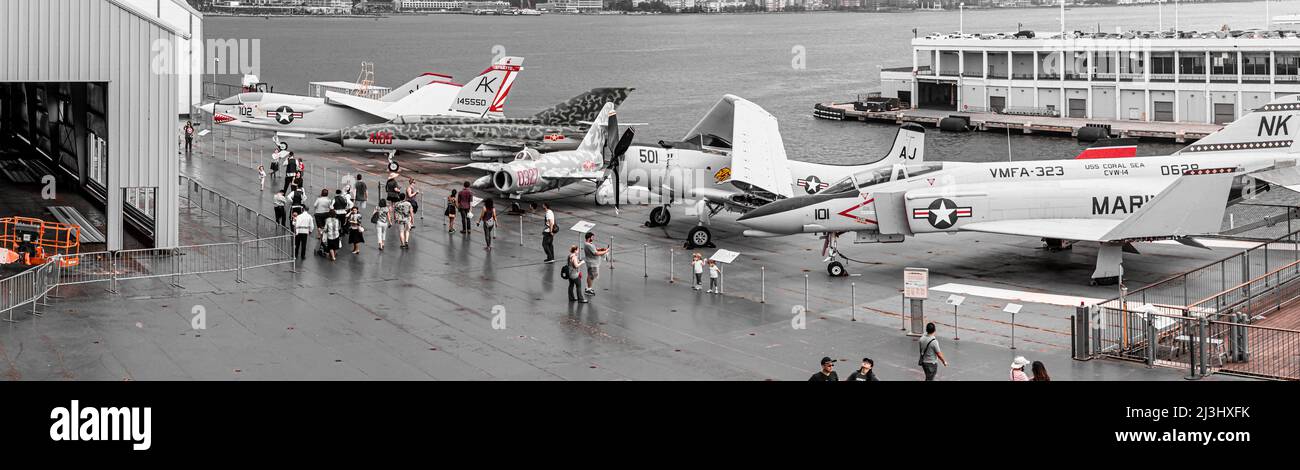12 AV/W 46 ST, New York City, NY, USA, The Aircraft in the front is the carrier based Fighter McDonnell F3H-2N (f-3B) Demon at the Intrepid Sea, Air & Space Museum - an american military and maritime history museum showcases the aircraft carrier USS Intrepid. Stock Photo