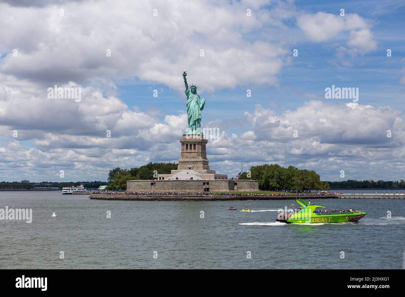 New York City, NY, USA, View of island of Liberty with statue of