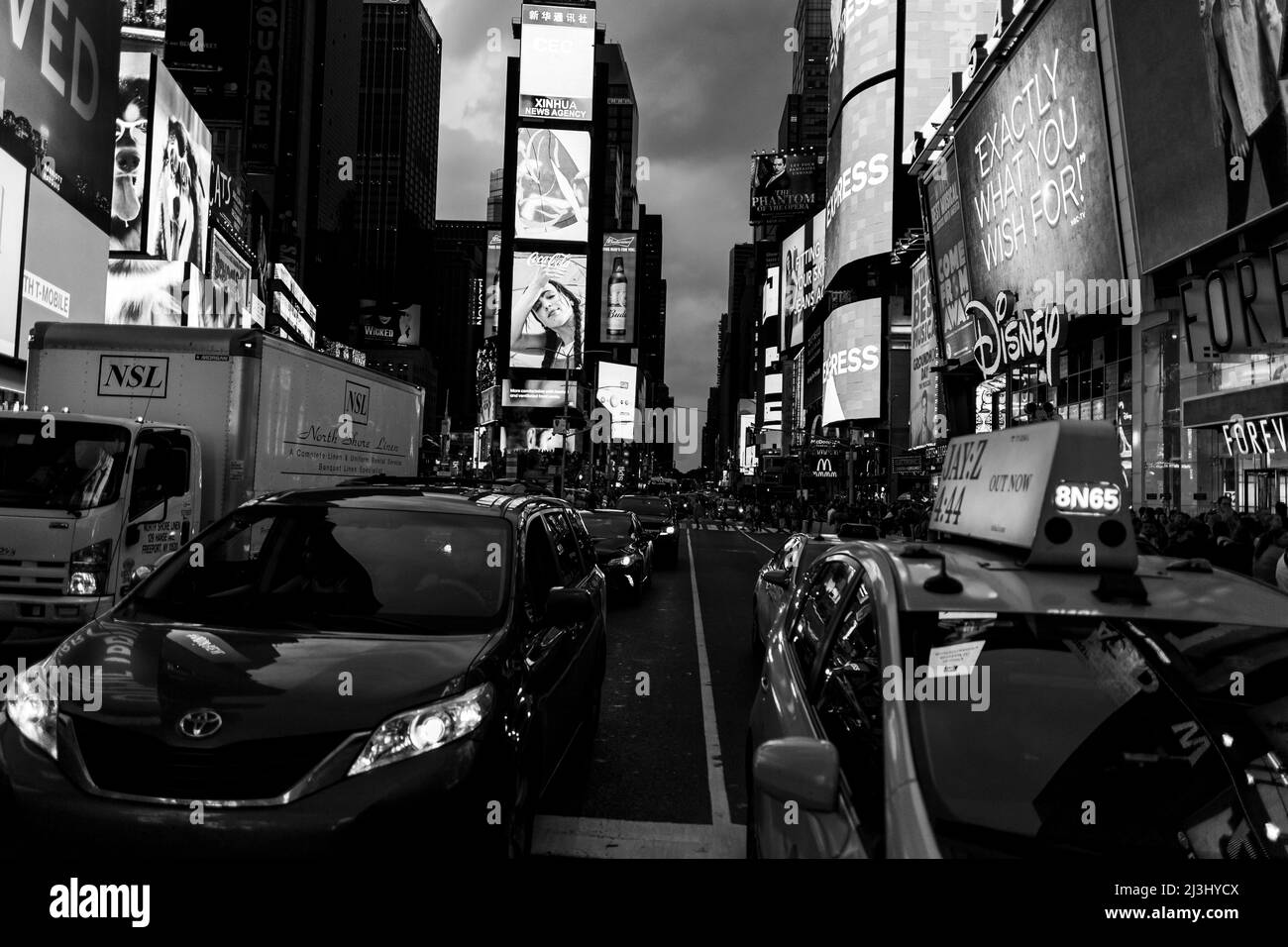 Theater District, New York City, NY, USA, Lots of carss driving through Times Square Stock Photo