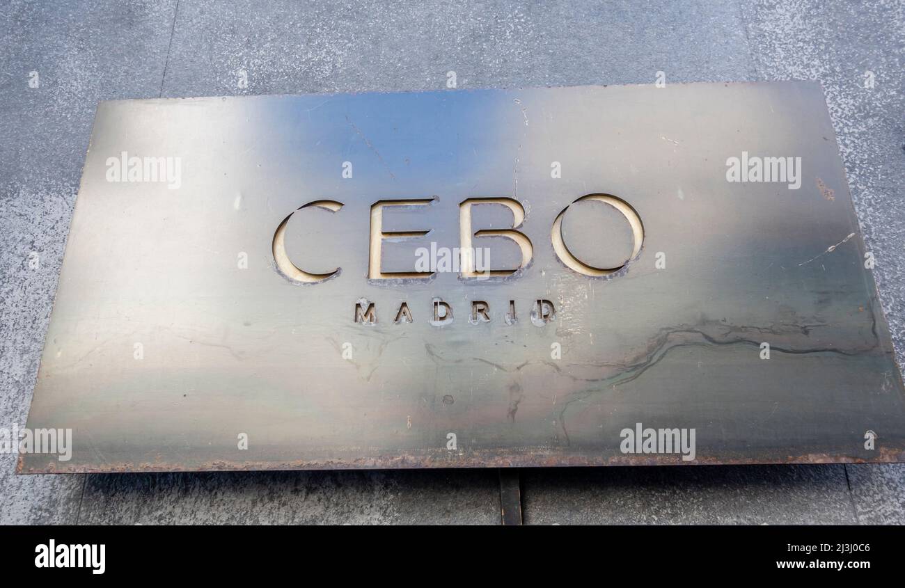 Sign of CEBO Madrid Restaurant. Mediterranean cuisine with Spanish wines. Madrid, Spain. A Spanish MICHELIN Guide Restaurant Stock Photo