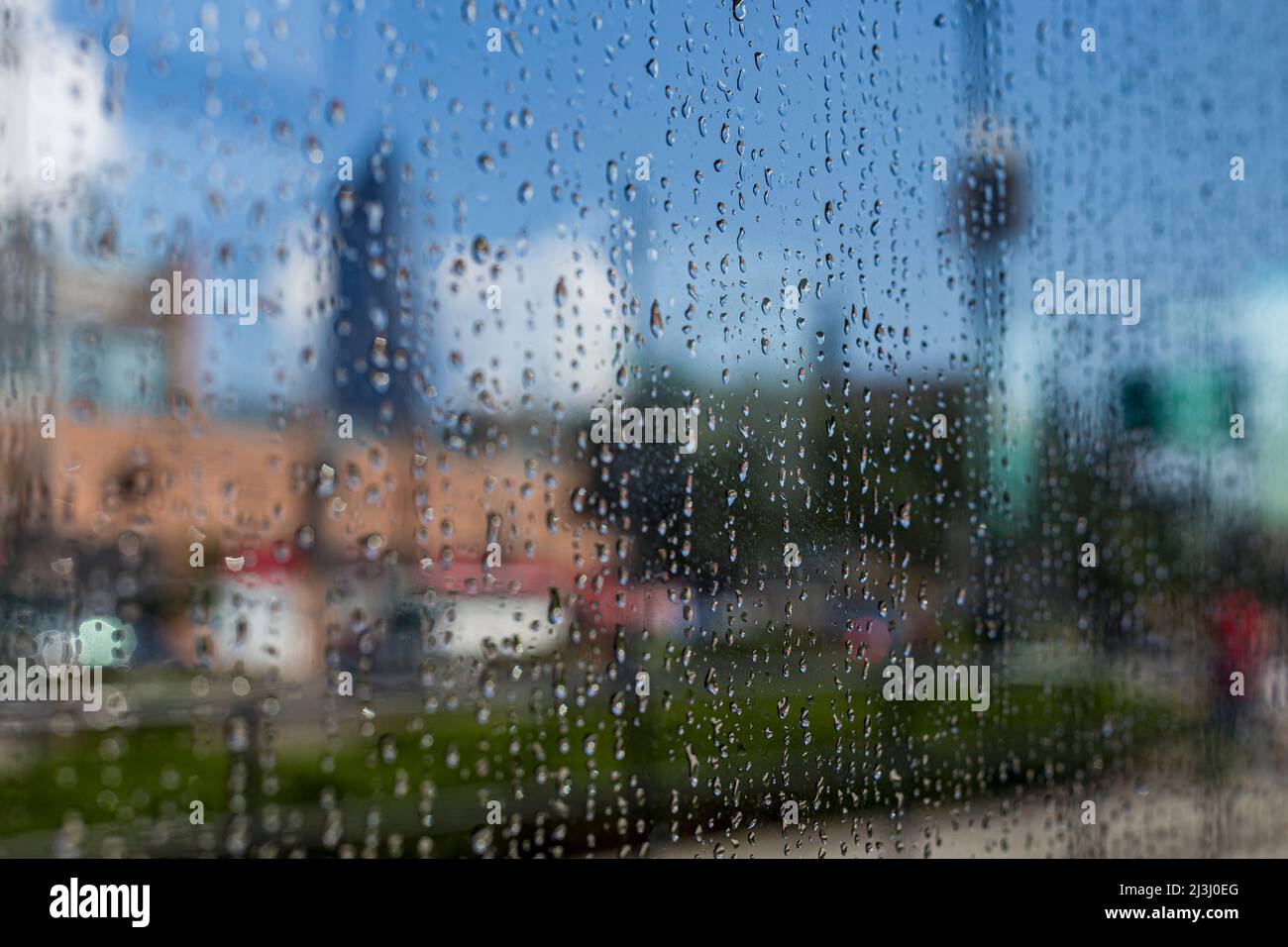 W 42 ST/12 AV, New York City, NY, USA, A rainy window in the Bus Stock Photo