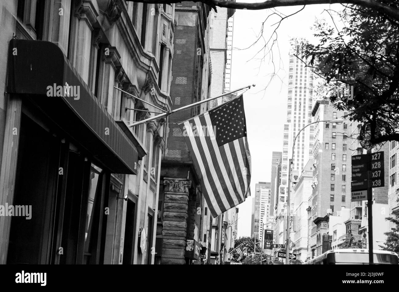 5 AV/W 29 ST, New York City, NY, USA, American Flag Stock Photo