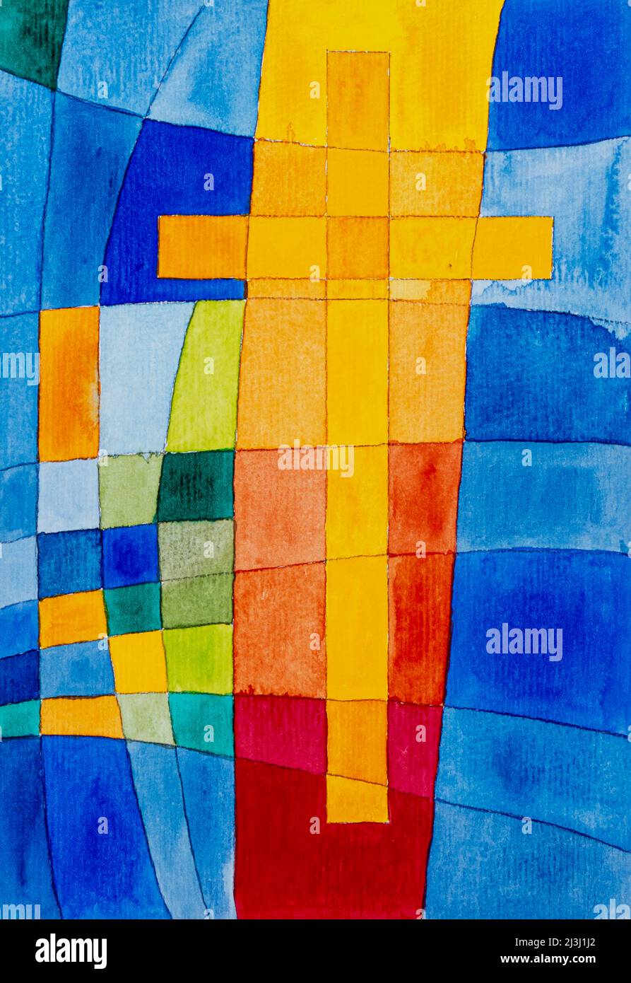 Watercolor by Heidrun Füssenhäuser Yellow shining cross on blue colored background Stock Photo