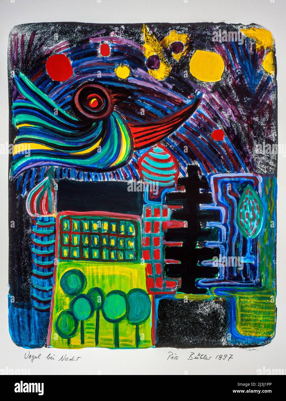 Painting by Pia Bühler, lithography and acrylic fantasy figure, a bird sits on a tower at night, above him the starry sky, below him bright windows, trees in the park and a dark landscape Stock Photo