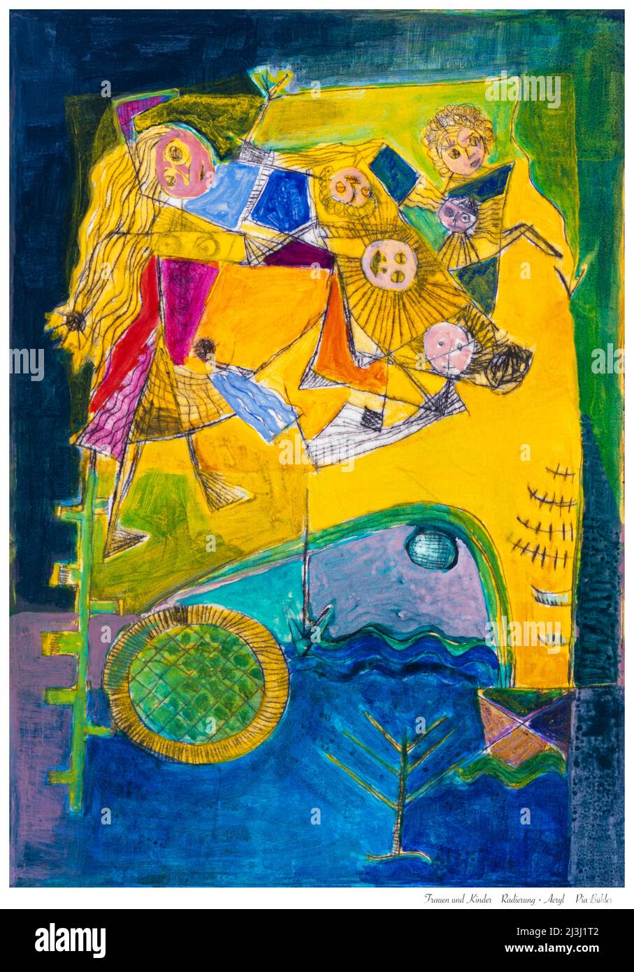 Painting by Pia Bühler, etching, acrylic women & children lying and