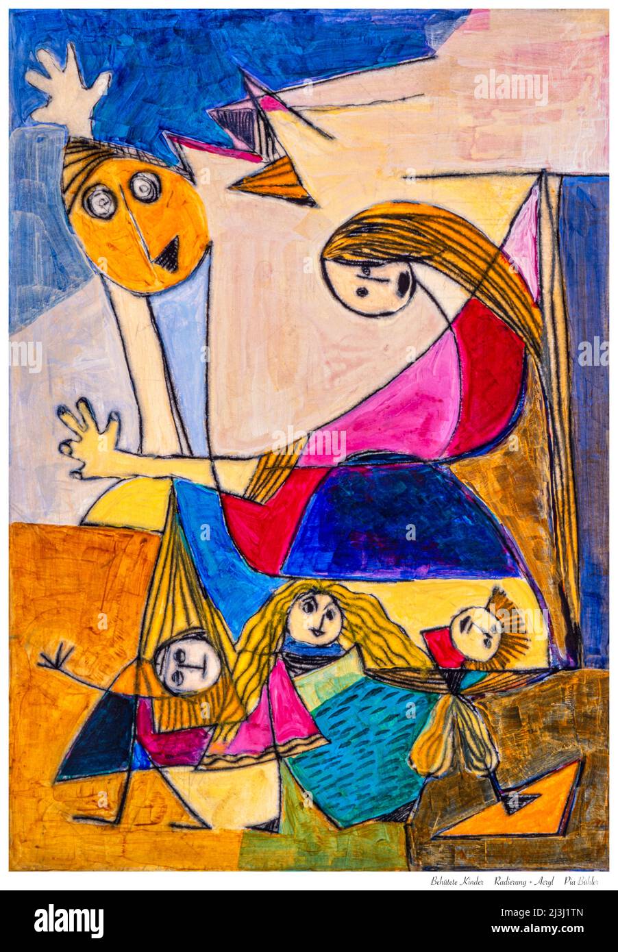 Painting by Pia Bühler, etching, acrylic Father and mother protect their children. They play and spend carefree time together. Stock Photo
