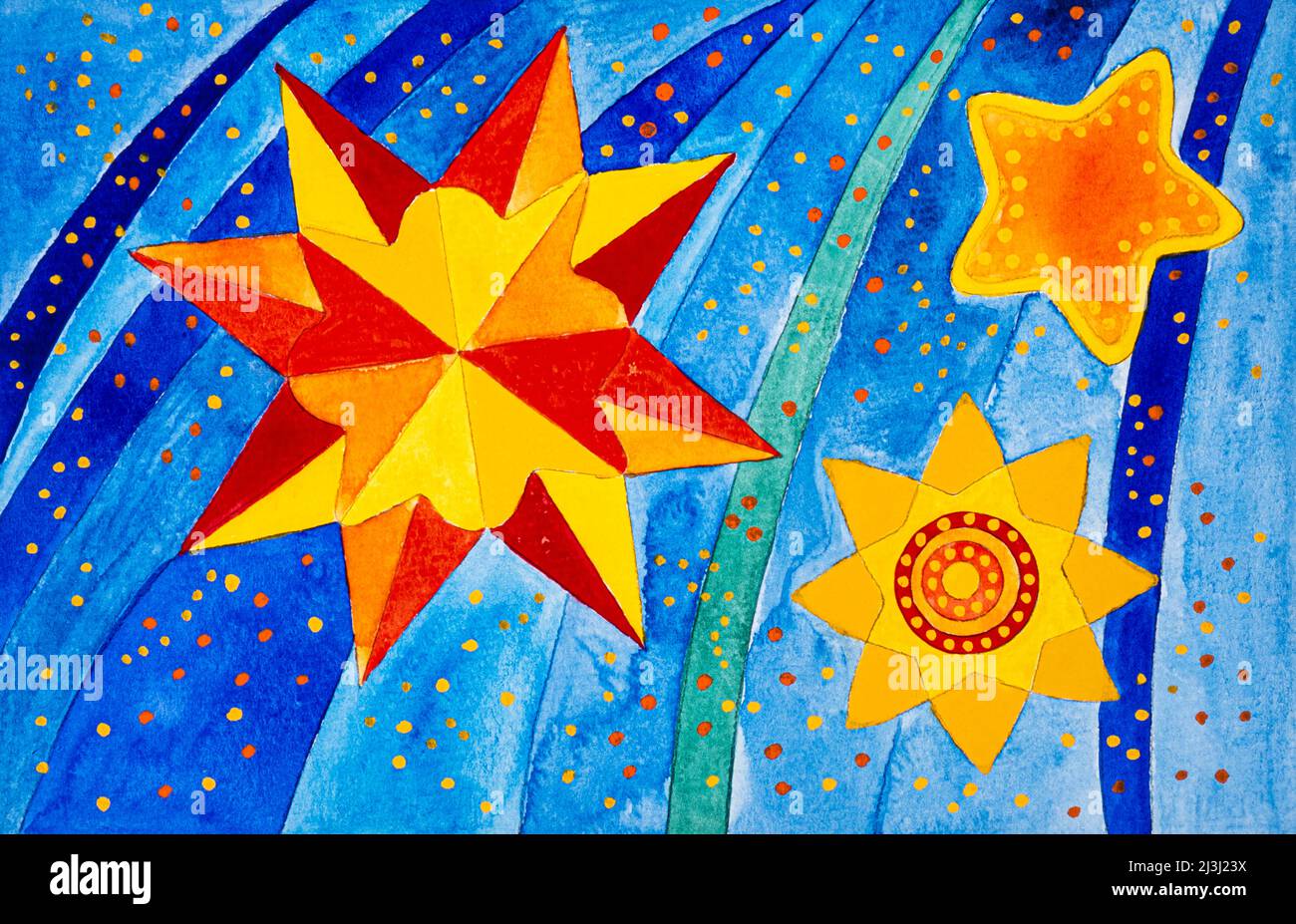 Watercolor by Heidrun Füssenhäuser A big star, blue sky, two small stars Stock Photo