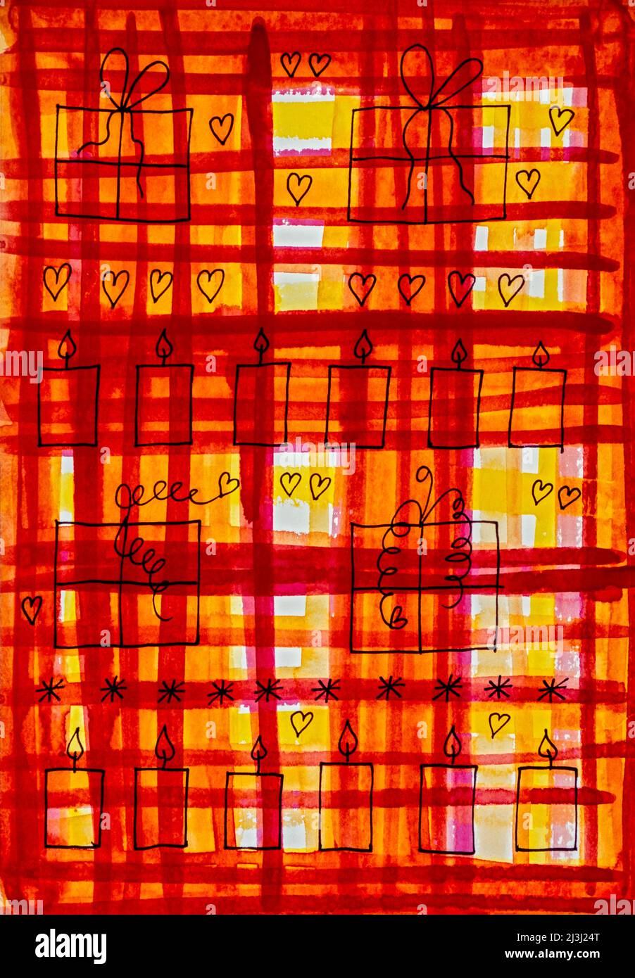 Watercolor by Heidrun Füssenhäuser Four gift packages and many burning candles and small hearts on a red and yellow pattern, checkered, abstract Stock Photo