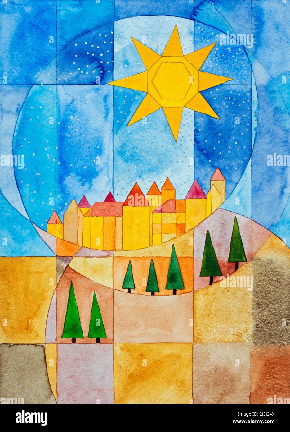 Watercolor by Heidrun Füssenhäuser Yellow star, blue sky, yellow houses, city, fields, yellow, blue, asterisks in the sky as silver dots. In A.No. 29-006-46 the stars are black. Stock Photo