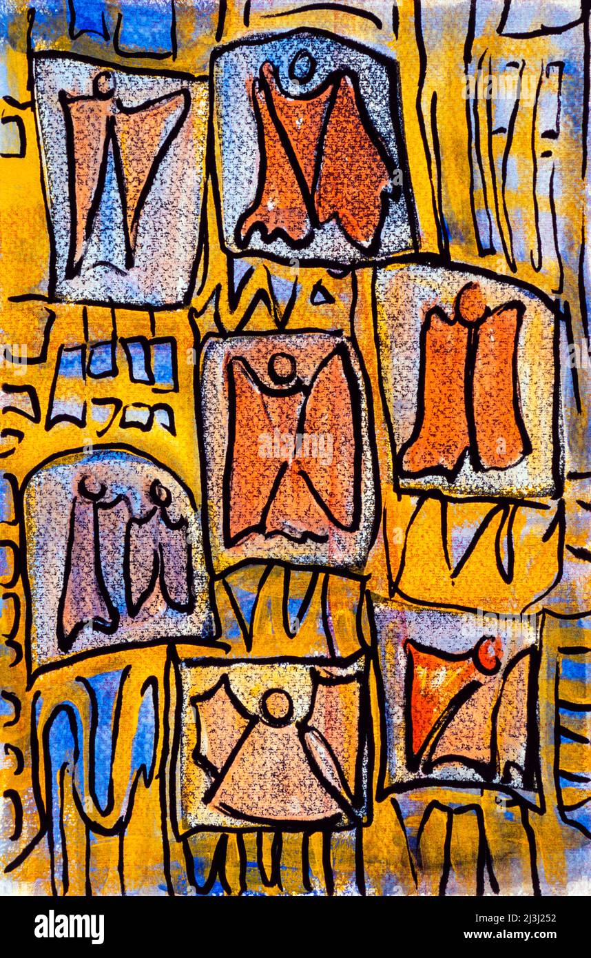 Graphic print by Gisela Oberst Seven angels, abstract, orange, yellow, blue, angel figure, angel representation, winged, mystical, heavenly beings Stock Photo