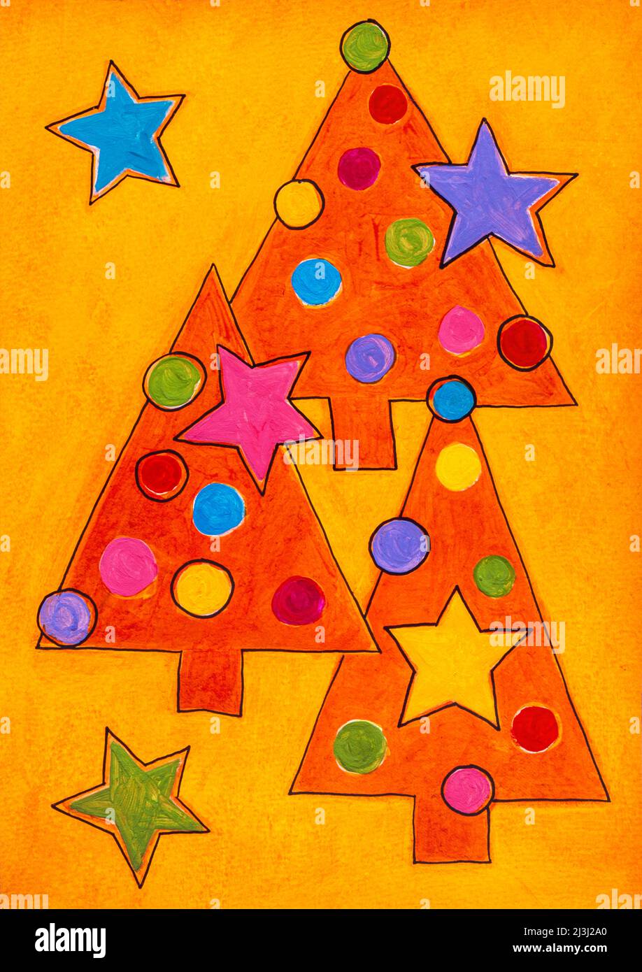 Graphic by Regine Martin Three trees, orange on red background, lines black, colored balls and stars Stock Photo