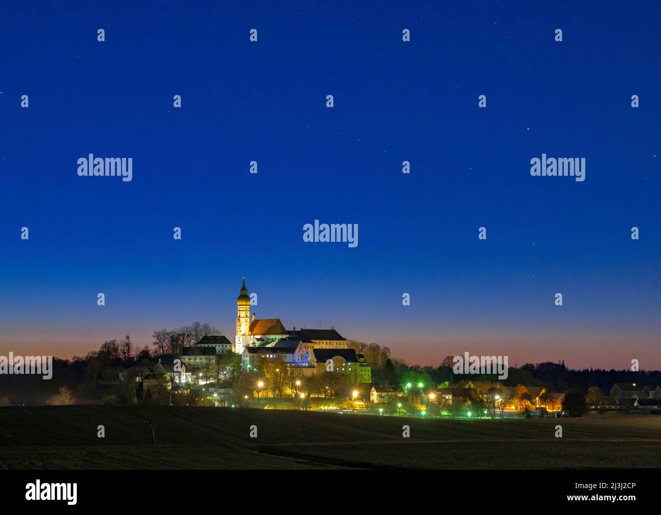 Illuminated Andechs Monastery at night, Fünf-Seen-Land, Upper Bavaria, Bavaria, Germany, Europe Stock Photo