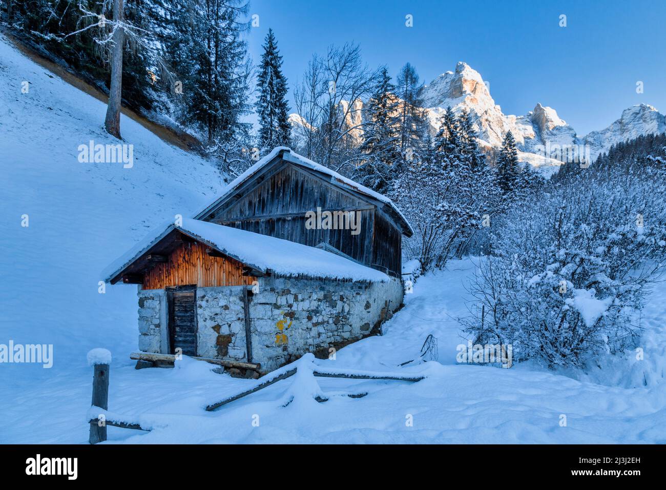 Europe, Italy, Province of Belluno, La Valley Agordina, old rural buildings in winter, snowy landscape, in the background the chain of the San Sebastiano Stock Photo