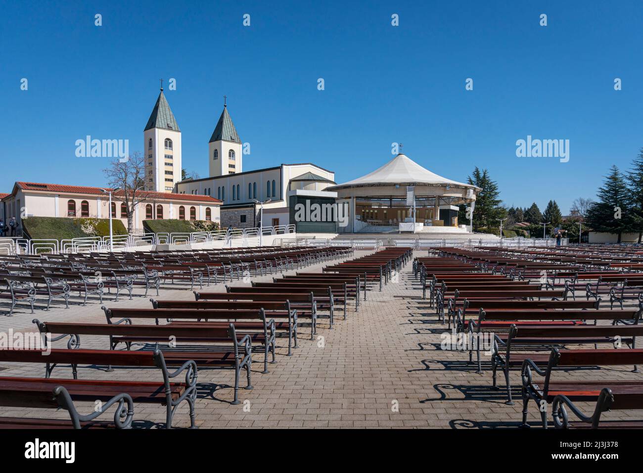 Church of Saint James and outdoor altar in the village of Medjugorje, Bosnia and Herzegovina Stock Photo