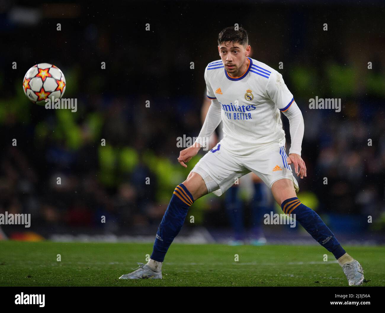 06 April 2022 - Chelsea v Real Madrid - UEFA Champions League - Quarter Final - First Leg - Stamford Bridge  Federico Valverde during the Champions League match against Chelsea Picture Credit : © Mark Pain / Alamy Live News Stock Photo