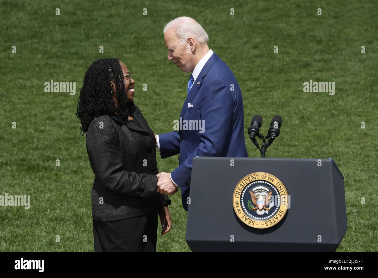 Washington DC, USA. 08th Apr, 2022. United States President Joe Biden completes his remarks commemorating Judge Ketanji Brown Jackson's historic, bipartisan US Senate confirmation of Judge Jackson to be an Associate Justice of the US Supreme Court on the South Lawn of the White House in Washington, DC on Friday, April 8, 2022.Credit: Chris Kleponis/CNP/MediaPunch Credit: MediaPunch Inc/Alamy Live News Stock Photo