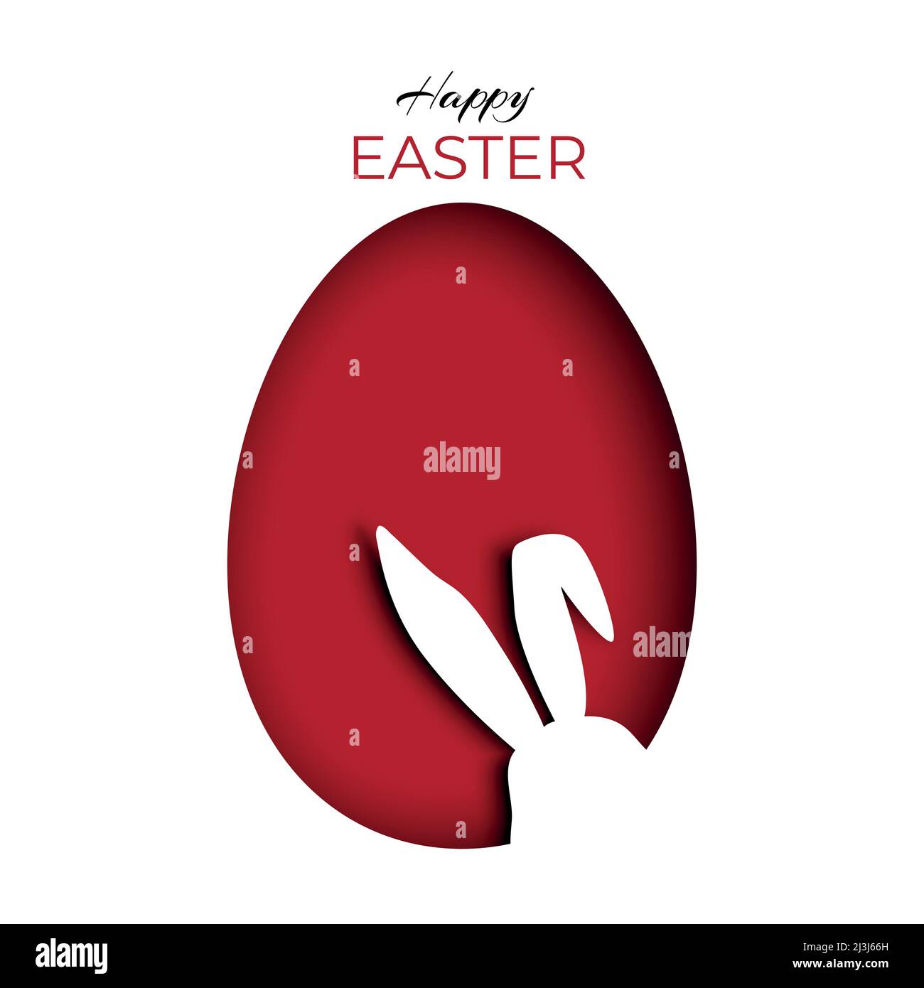 Silhouette of a bunny peeking inside a red Easter egg on carved or cut paper. Greeting card Stock Vector