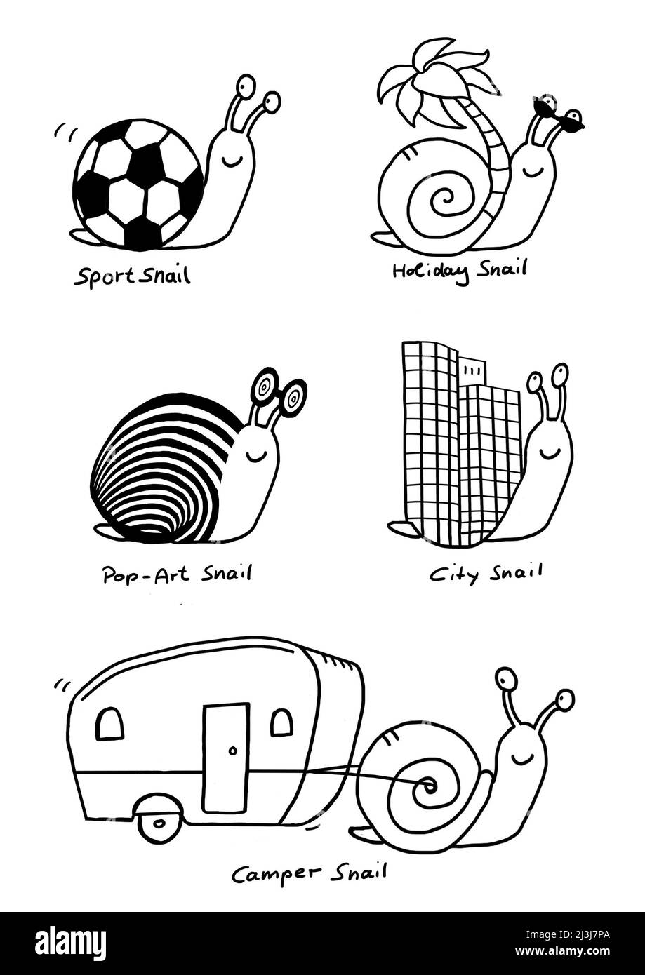 Illustration, snails as funny creatures, b/w Stock Photo