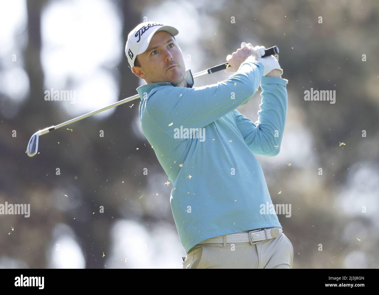 Augusta, USA. 08th Apr, 2022. Corey Conners hits his tee shot on the 4th hole in the second round of The Masters golf tournament at Augusta National Golf Club in Augusta, Georgia on Friday, April 8, 2022. Photo by John Angelillo/UPI Credit: UPI/Alamy Live News Stock Photo