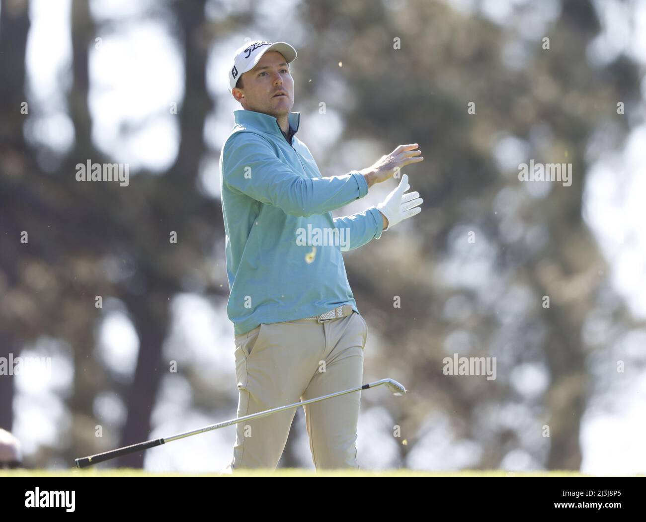 Augusta, USA. 08th Apr, 2022. Corey Conners reacts after he hits his tee shot on the 4th hole in the second round of The Masters golf tournament at Augusta National Golf Club in Augusta, Georgia on Friday, April 8, 2022. Photo by John Angelillo/UPI Credit: UPI/Alamy Live News Stock Photo
