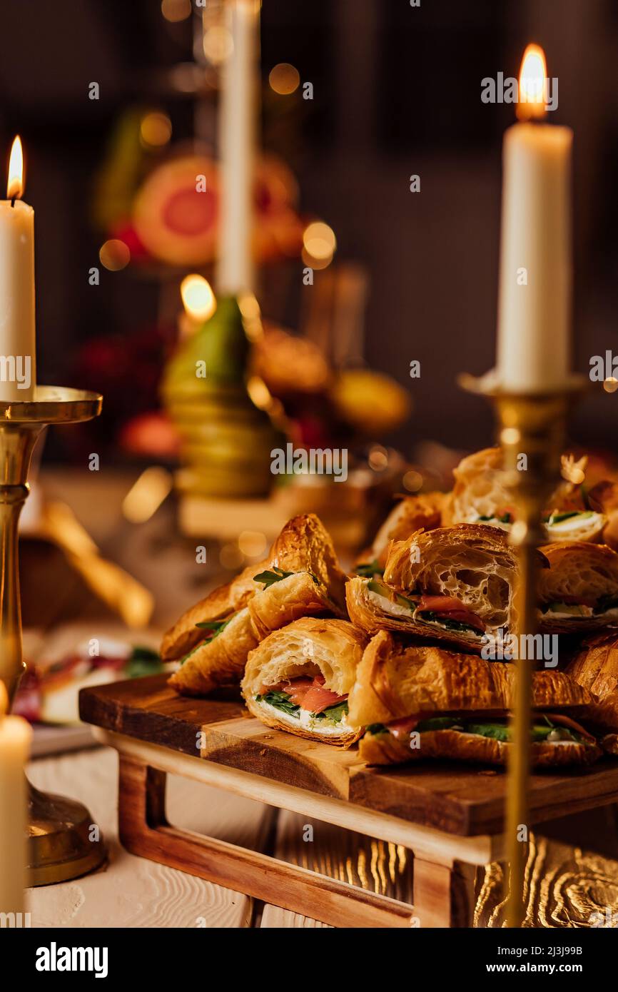 Table setting for romantic dinner in restaurant. Stock Photo